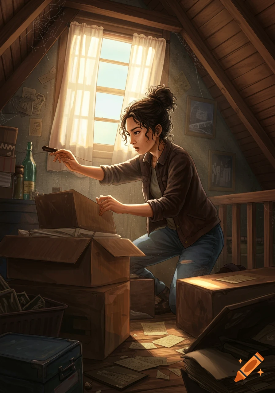 A woman searches through cardboard boxes in a dusty attic room, with sunlight streaming through a window.