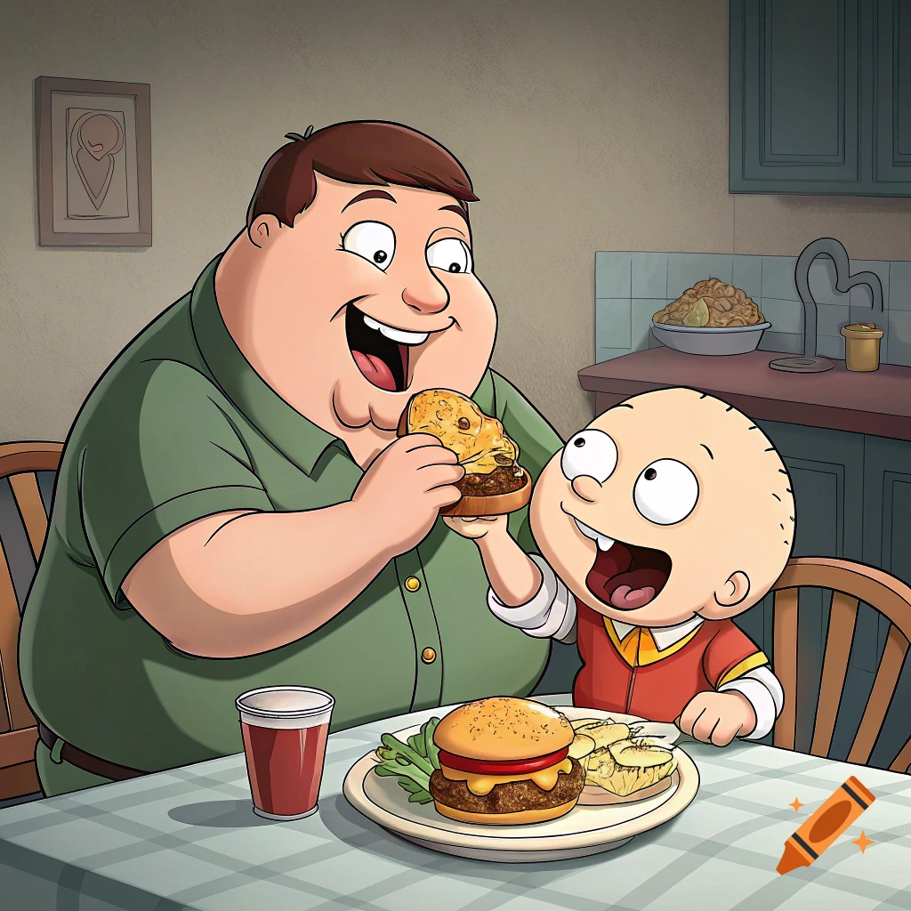 Cartoon man and baby eating burgers at a table.