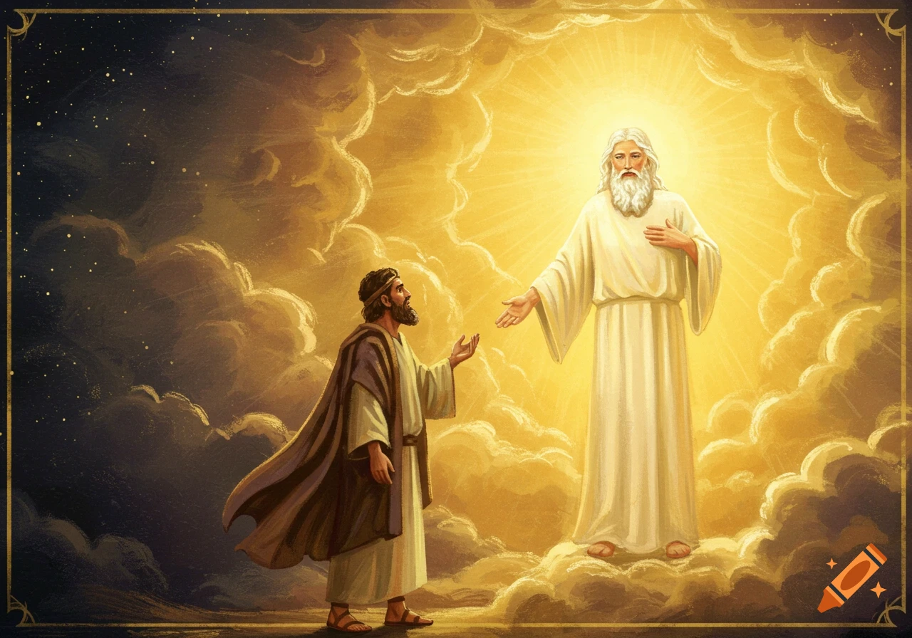 Biblical scene of a prophet meeting a divine figure in the sky, bathed in golden light.
