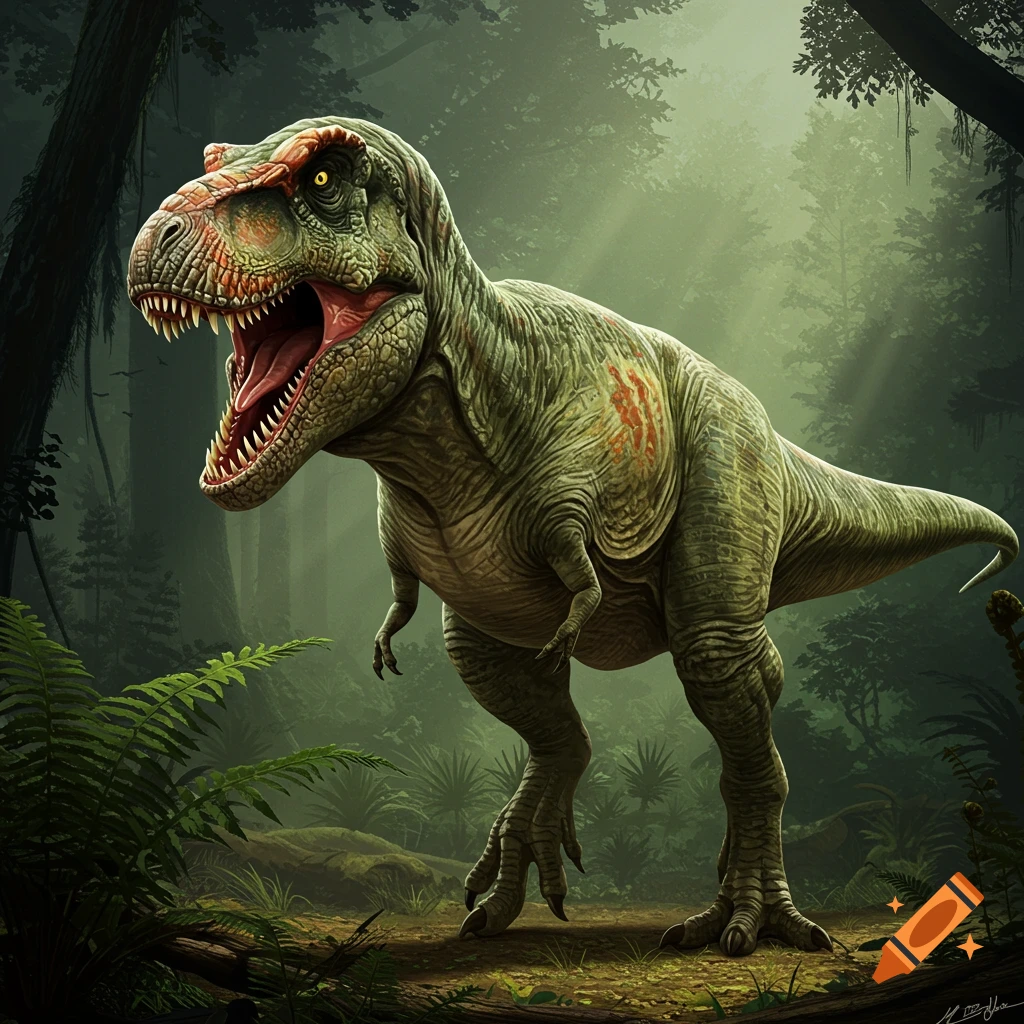 Detailed illustration of a Tyrannosaurus Rex standing in a lush green forest.