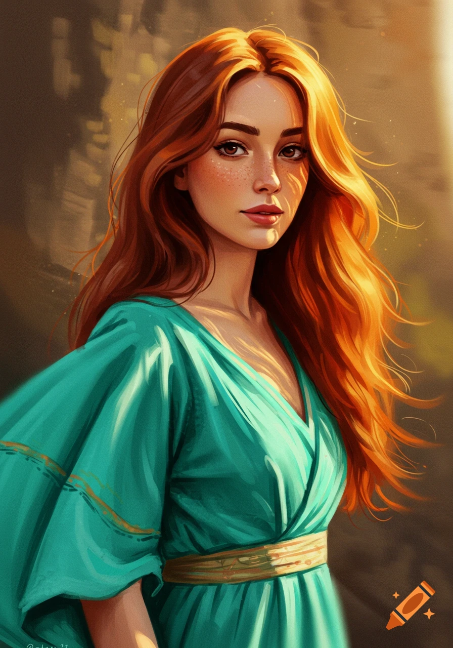 Digital painting of a young woman with long red hair and freckles ...