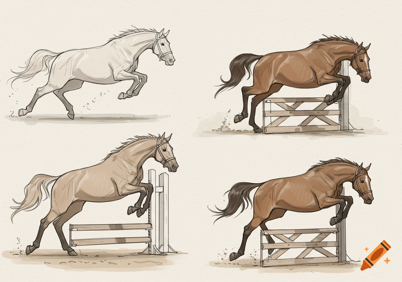 Four sketches showing horses jumping over fences