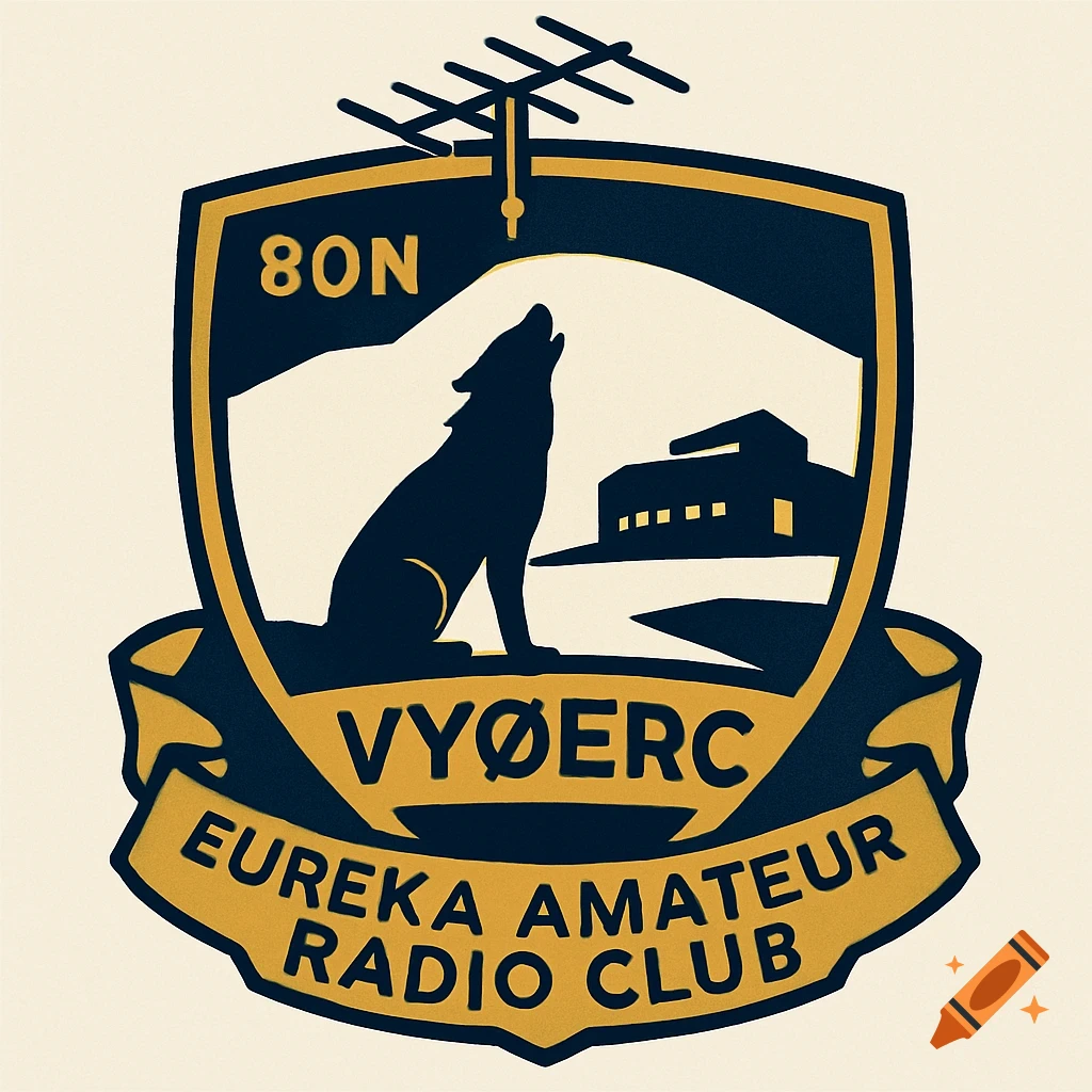 A crest logo featuring a howling wolf, a building, and an antenna, with text about a radio club.