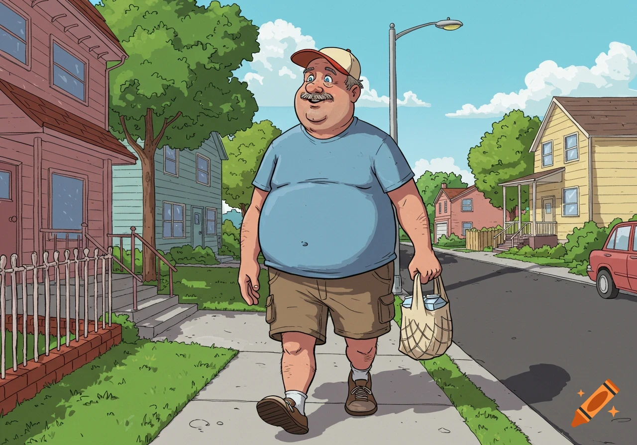 Cartoon illustration of a man carrying a bag of groceries while walking down a suburban sidewalk.