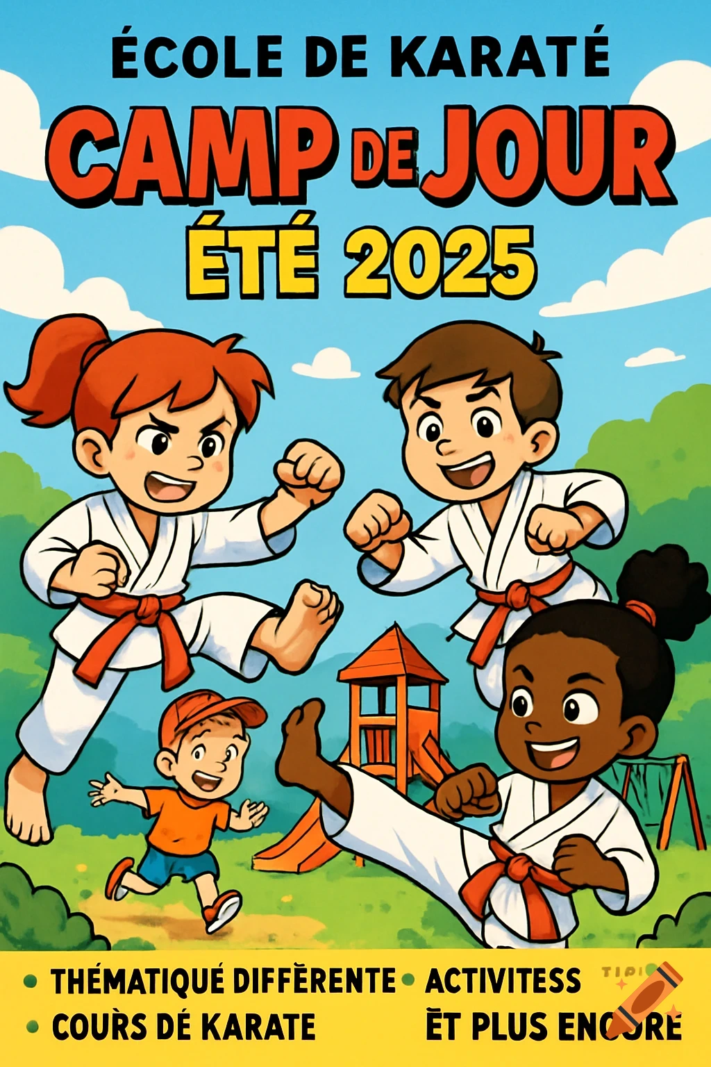 Cartoon illustration of kids doing karate, with text "École de Karaté Camp de Jour Été 2025"