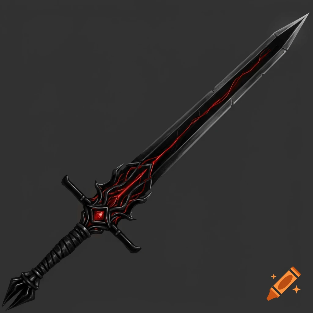 A black fantasy sword with red glowing patterns.