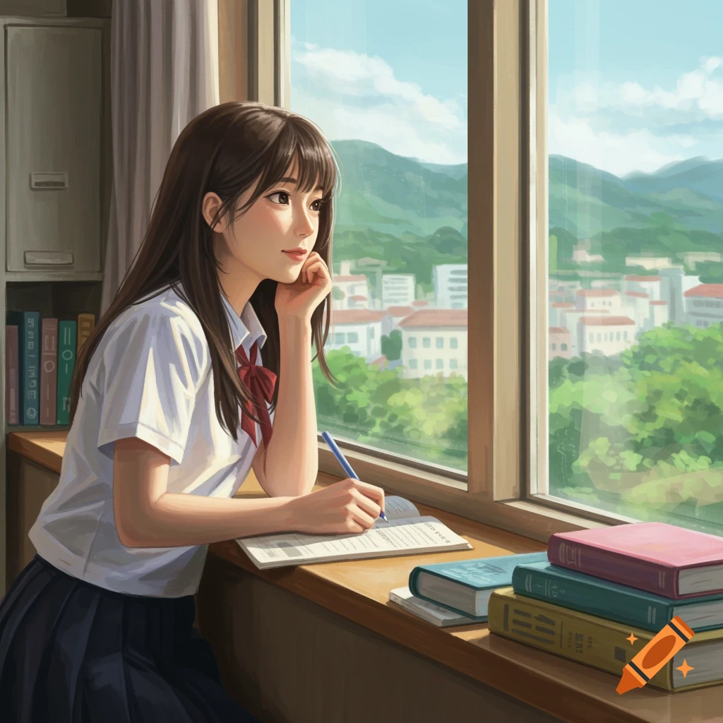Anime illustration of a student in uniform writing and looking out a window at a city and mountains.
