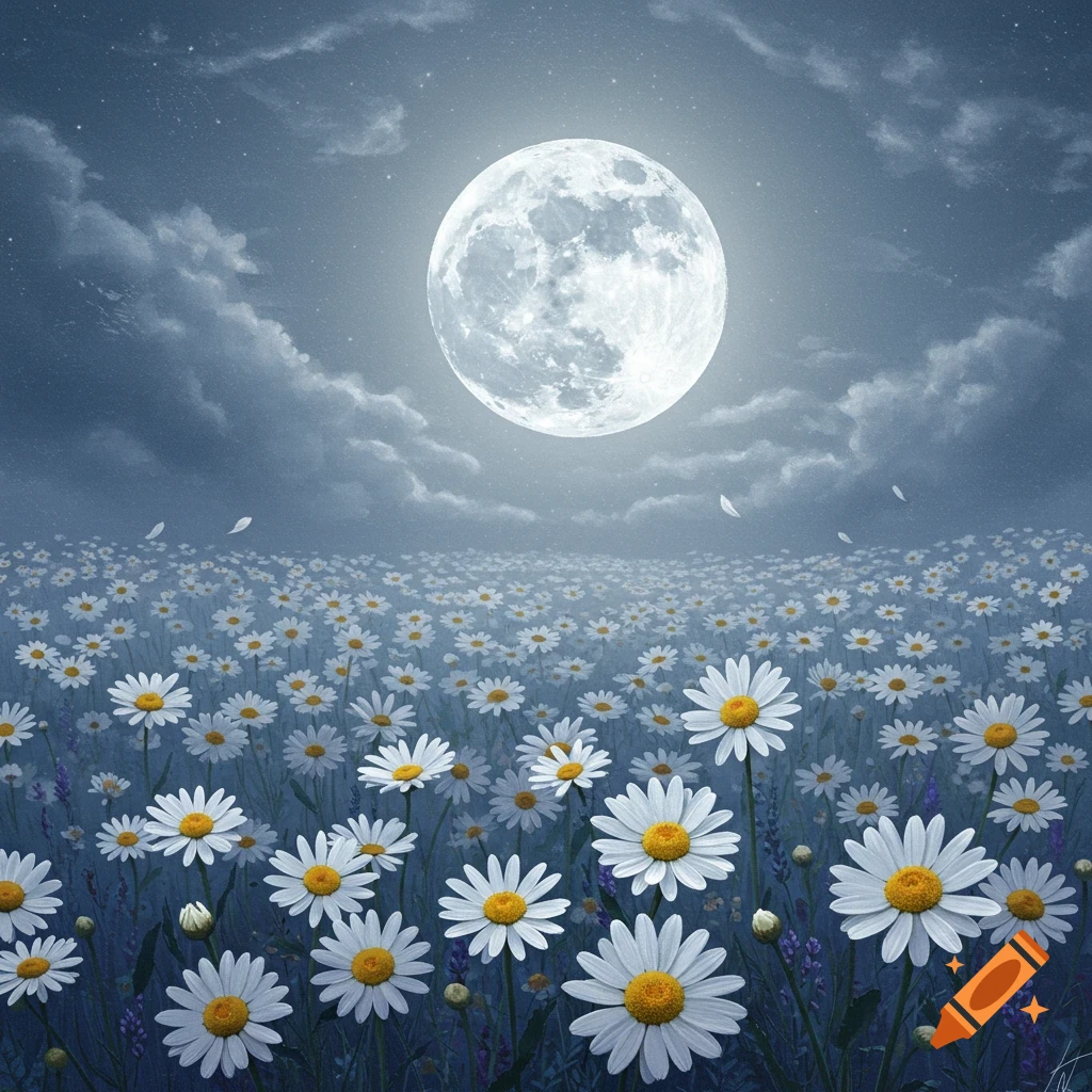 Field of white daisies under a large full moon in a cloudy night sky.