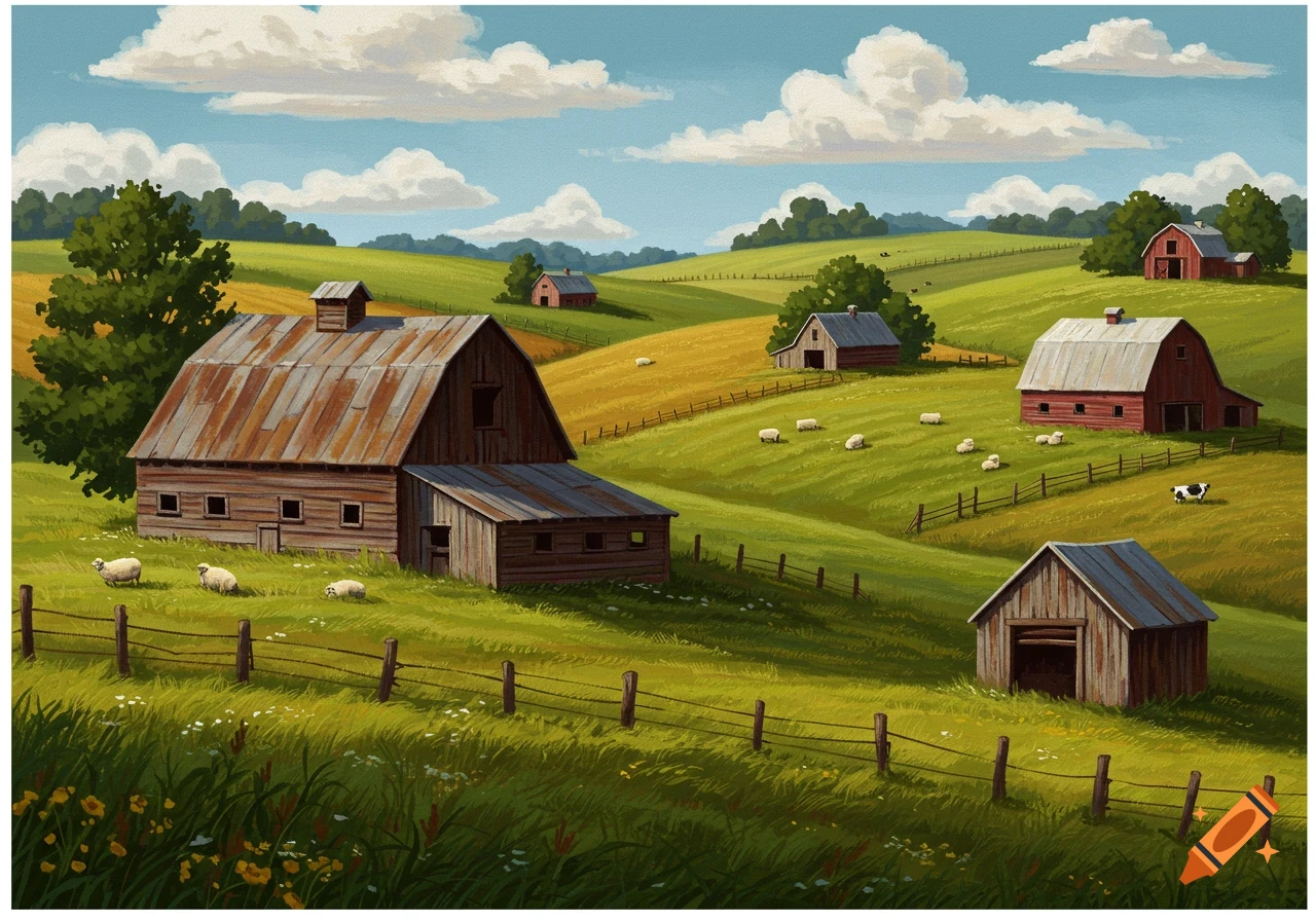 Painted rural landscape with barns, green and golden fields, sheep, and fences under a cloudy sky.