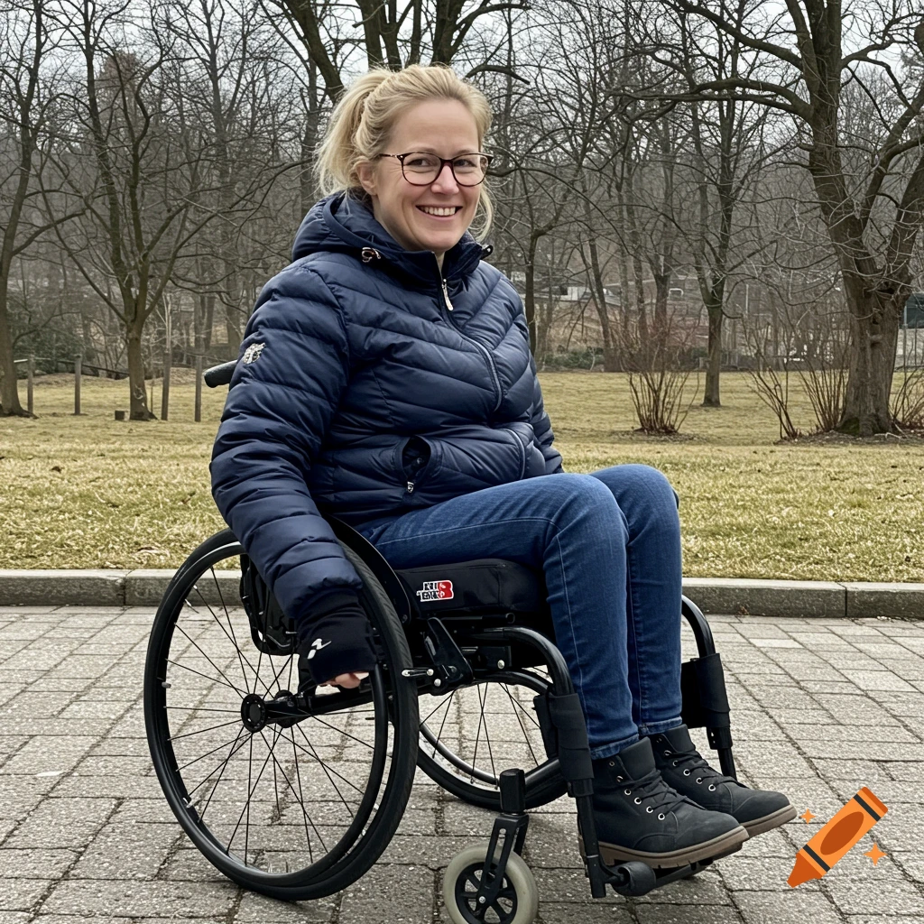 A smiling woman in a wheelchair outdoors in a park.