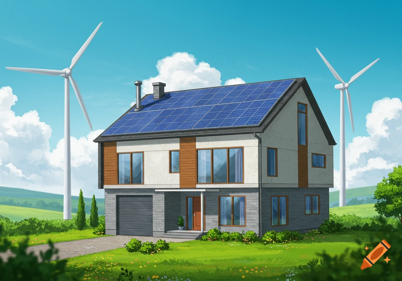 Illustration of a modern house with solar panels and wind turbines in a sunny landscape