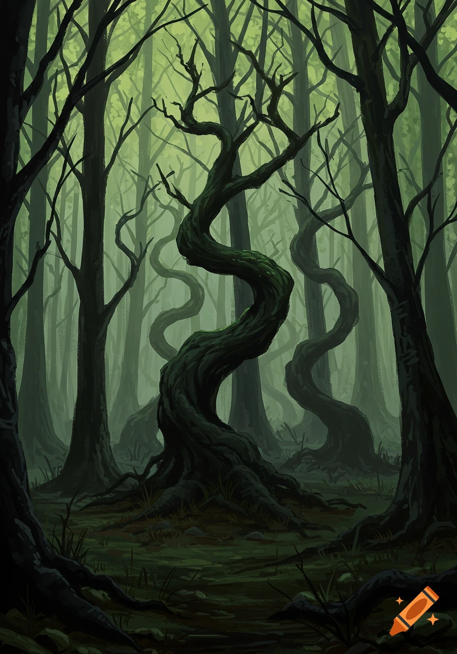 An illustration of a dark, haunted forest with twisted, gnarled trees.