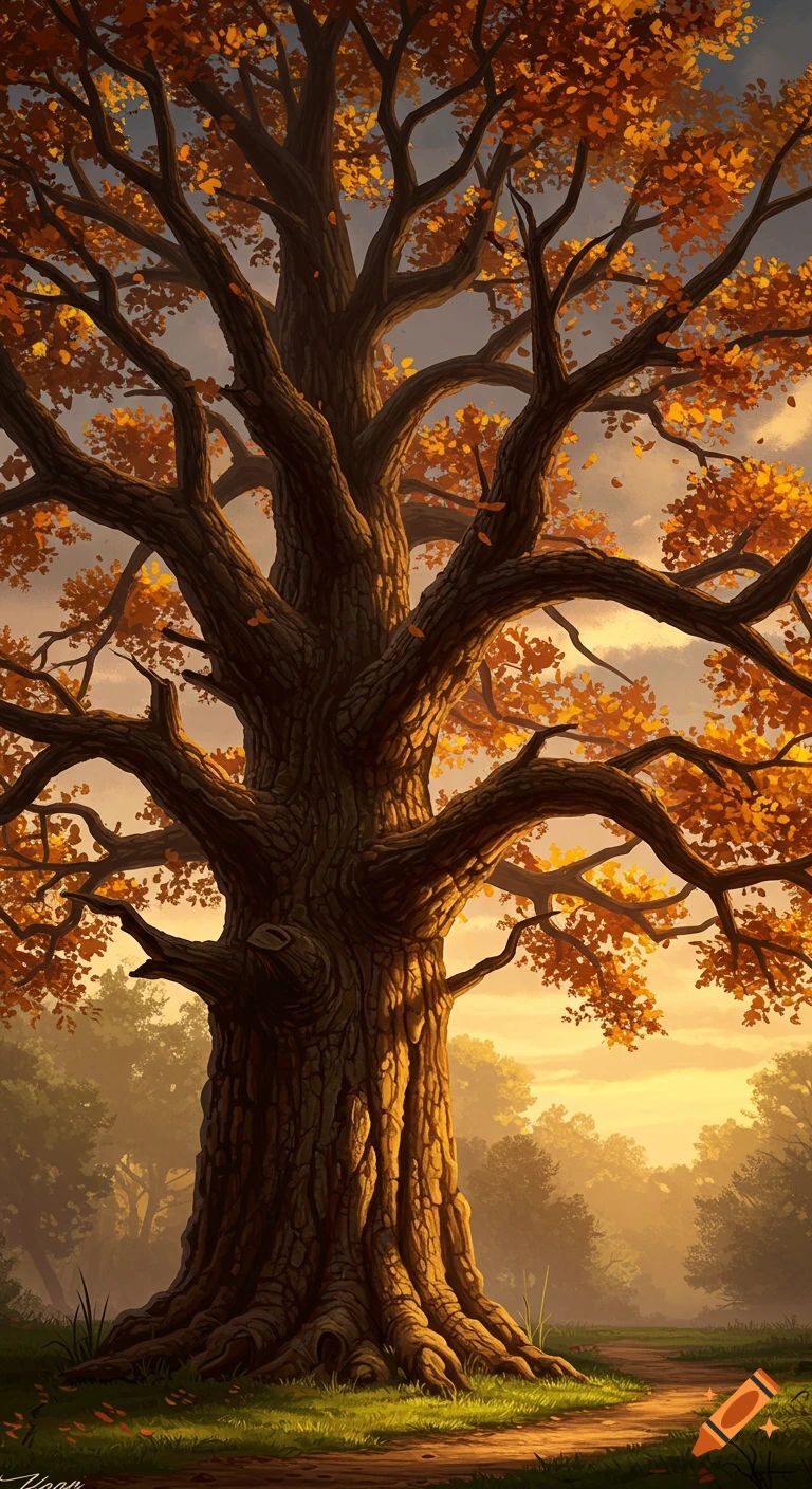 Painterly image of a large oak tree with orange autumn leaves at sunset in a forest.