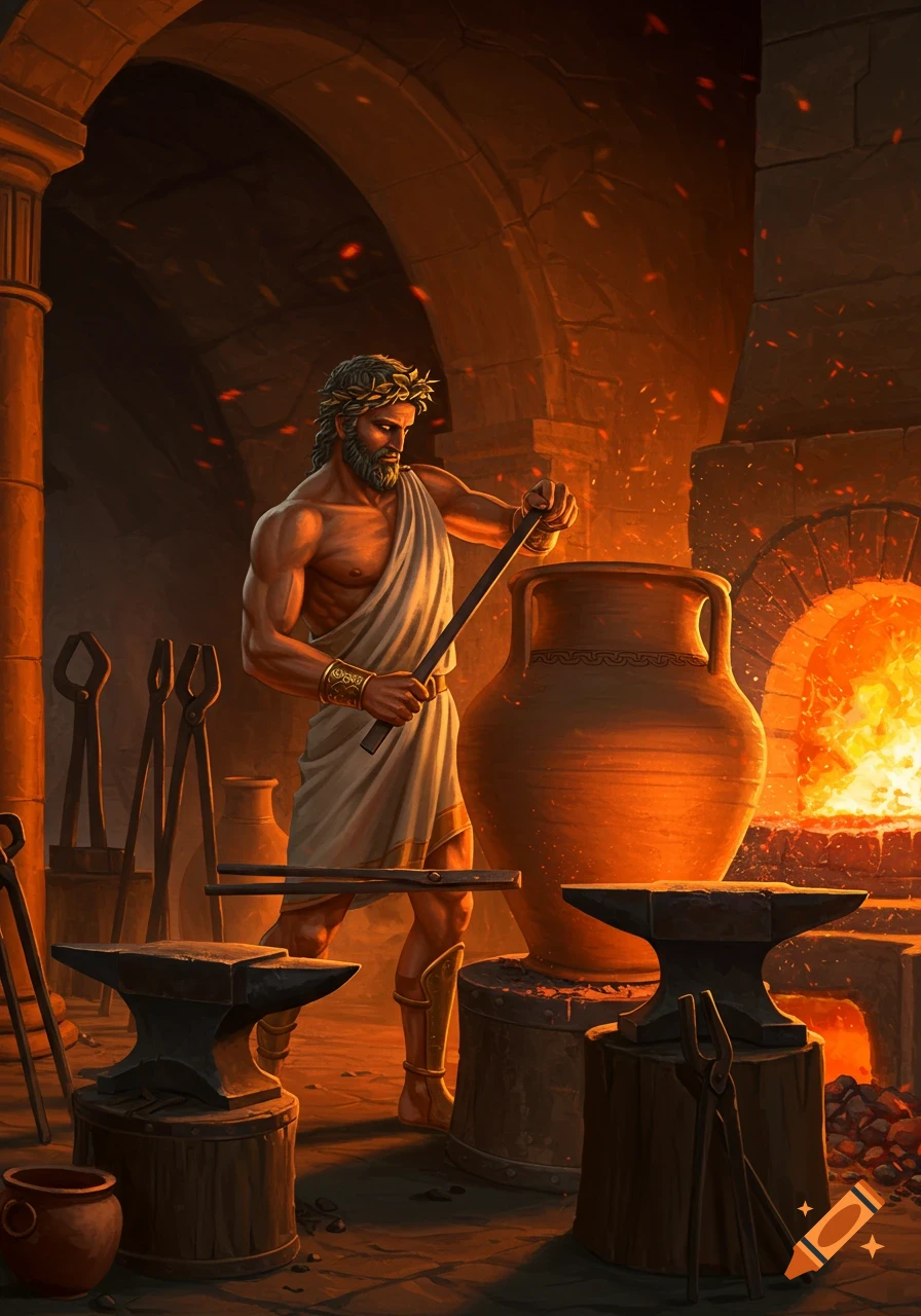 Hephaestus, the god of blacksmiths, working in a forge with tools, anvils, and fire.