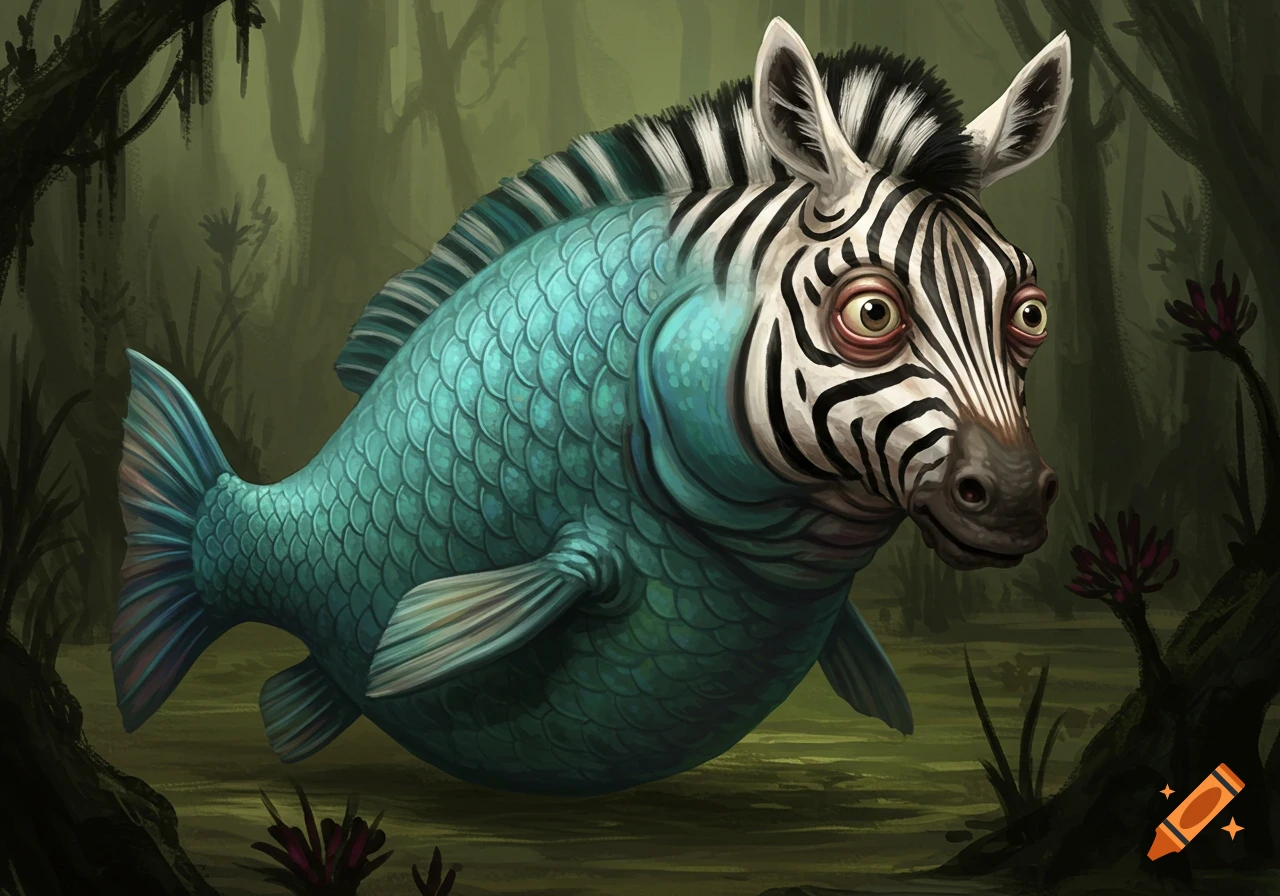 Digital painting of a zebra-headed fish with wide eyes swimming in a swamp.