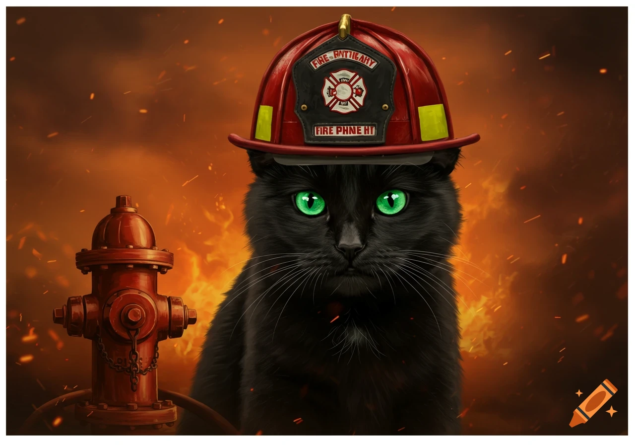 A black cat wearing a red firefighter helmet stands next to a fire hydrant with flames in the background. Digital painting.