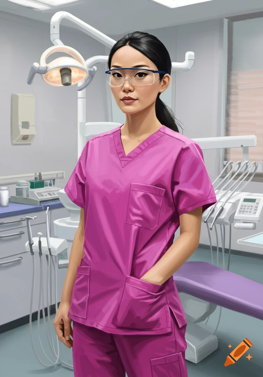 A female dental surgeon wearing pink scrubs and safety glasses stands in a dental office.