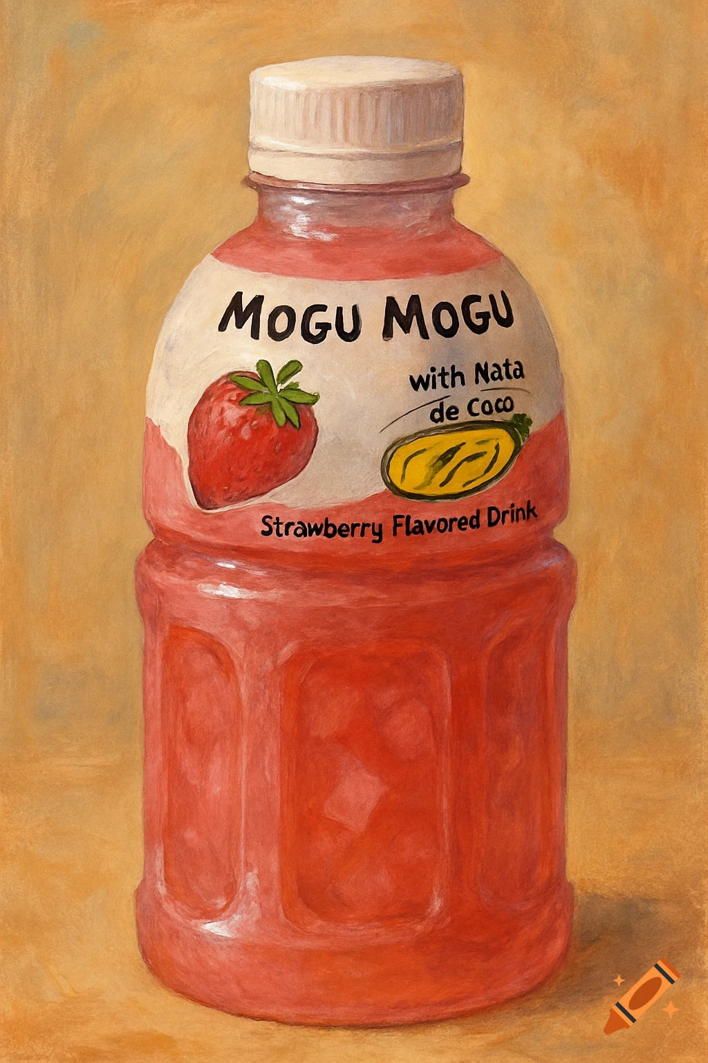 Still life painting of a strawberry flavored Mogu Mogu drink bottle with nata de coco.