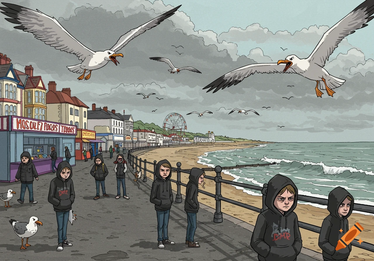 Comic illustration of a gloomy British seaside promenade with angry seagulls and teenagers in hoodies.