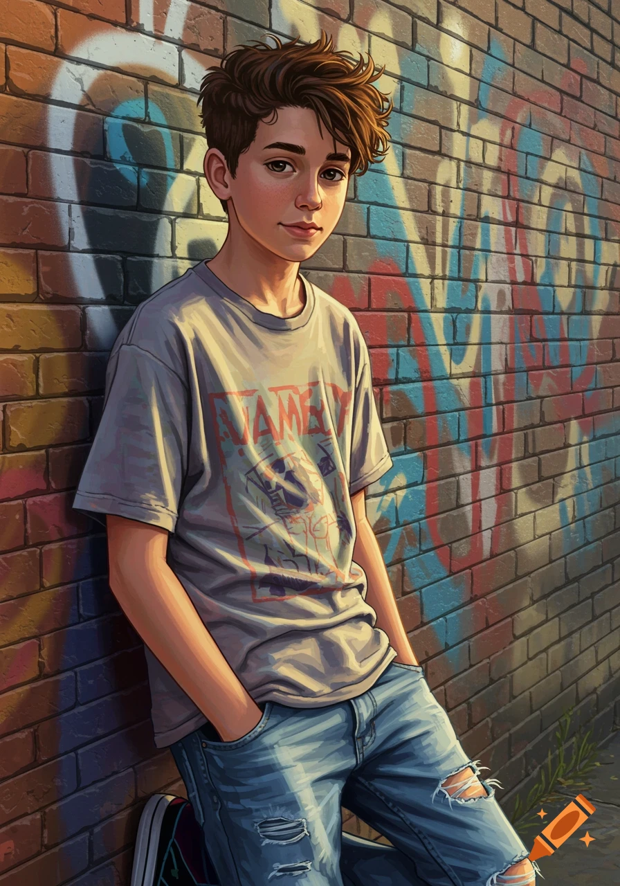 Teenage boy leaning against a graffiti brick wall.