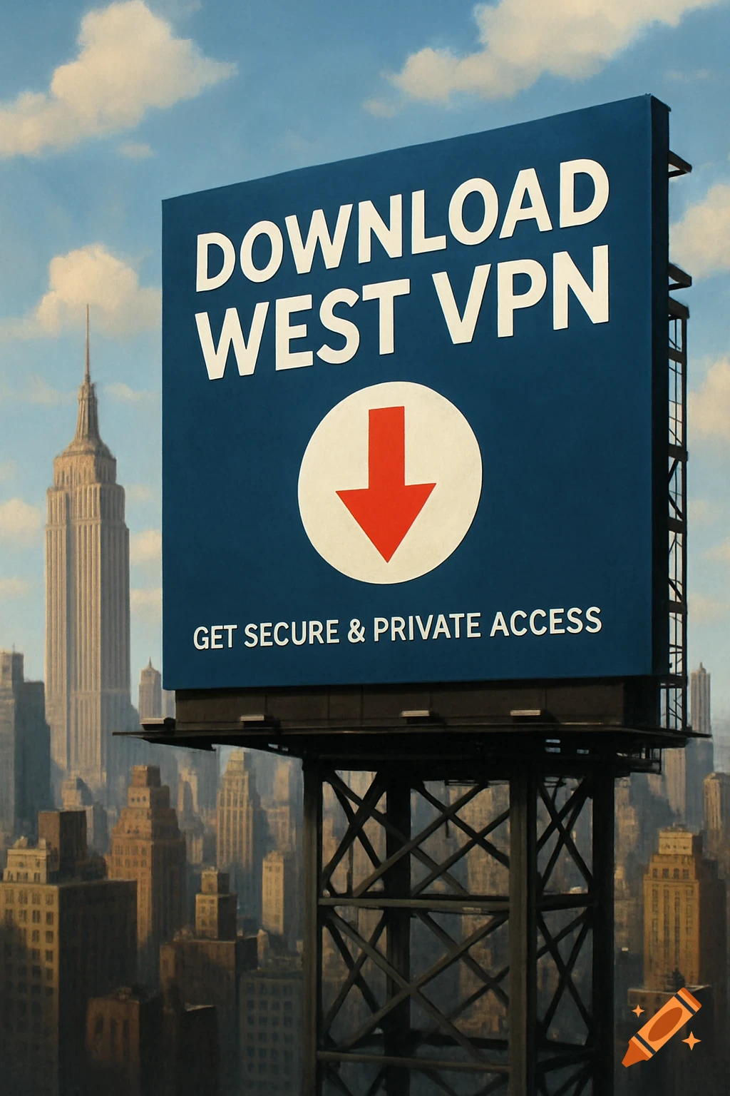 A billboard in the New York City skyline advertises "Download West VPN".