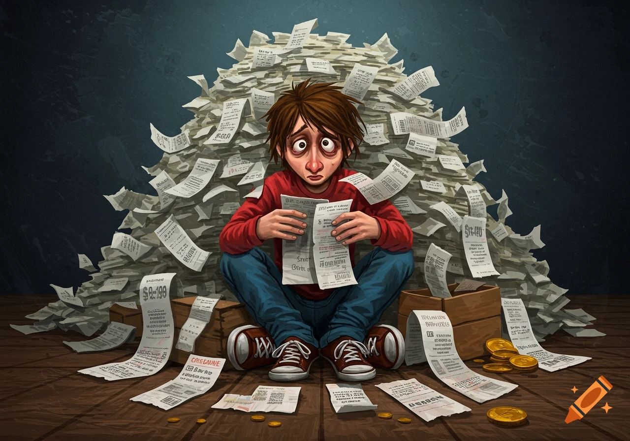An illustration of a person sitting overwhelmed in front of a huge pile of paper receipts and bills.
