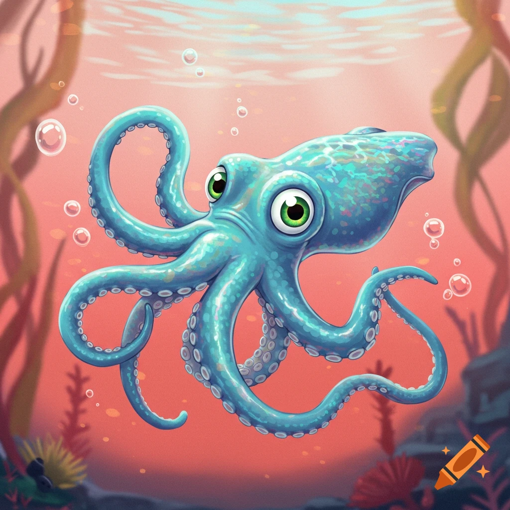 A cute, cartoon-style blue octopus with green eyes swims underwater among seaweed and bubbles.