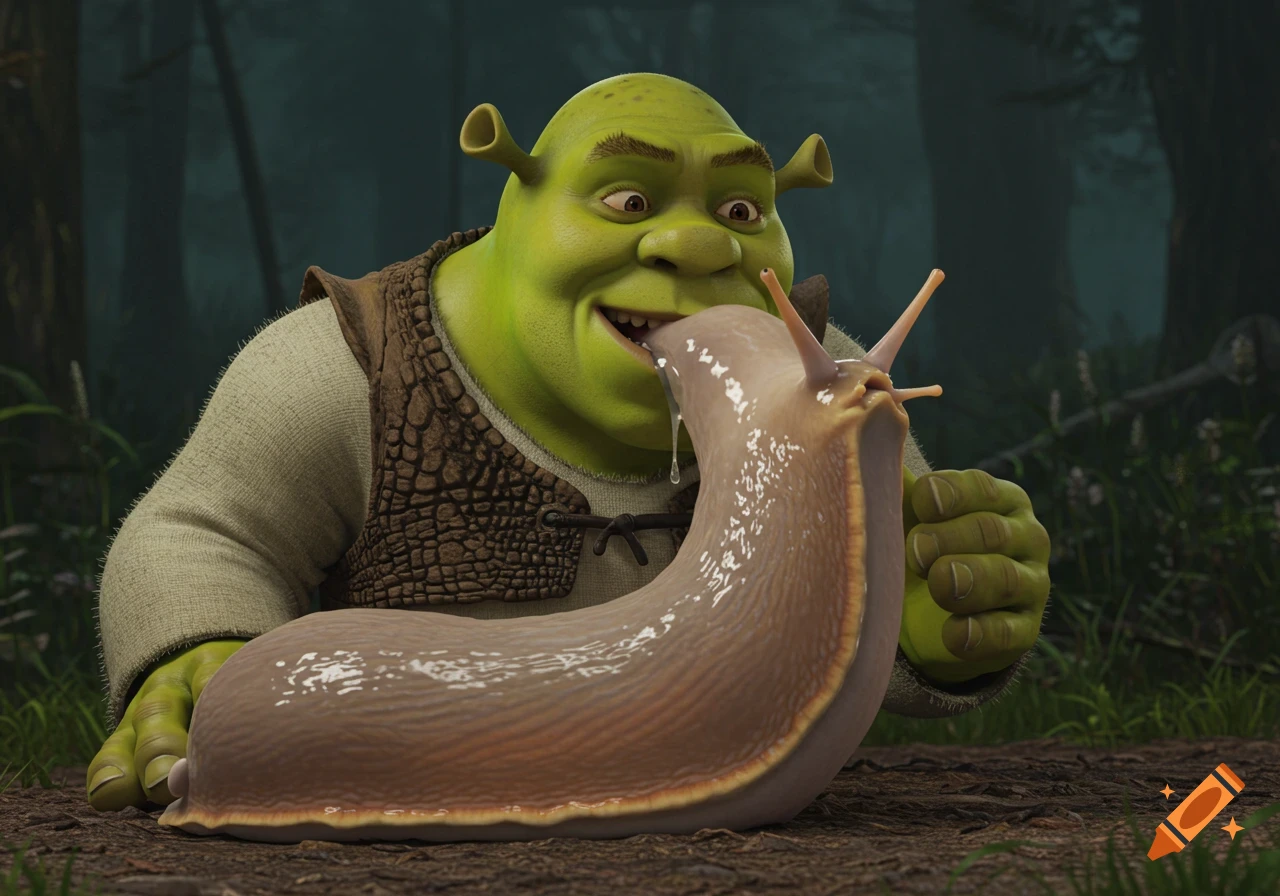 Shrek the ogre eating a large slug in a forest, realistic 3D render
