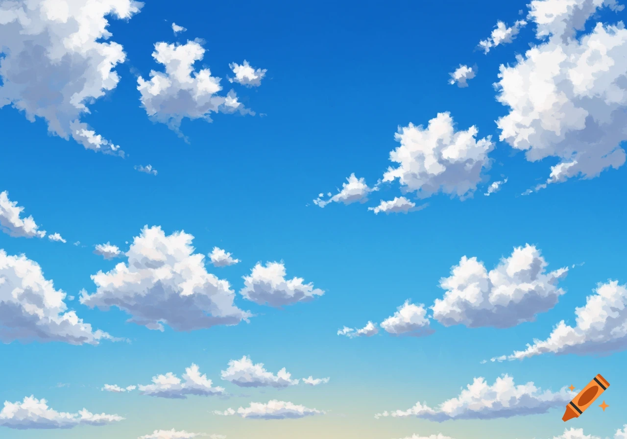 A bright blue sky filled with white fluffy clouds.
