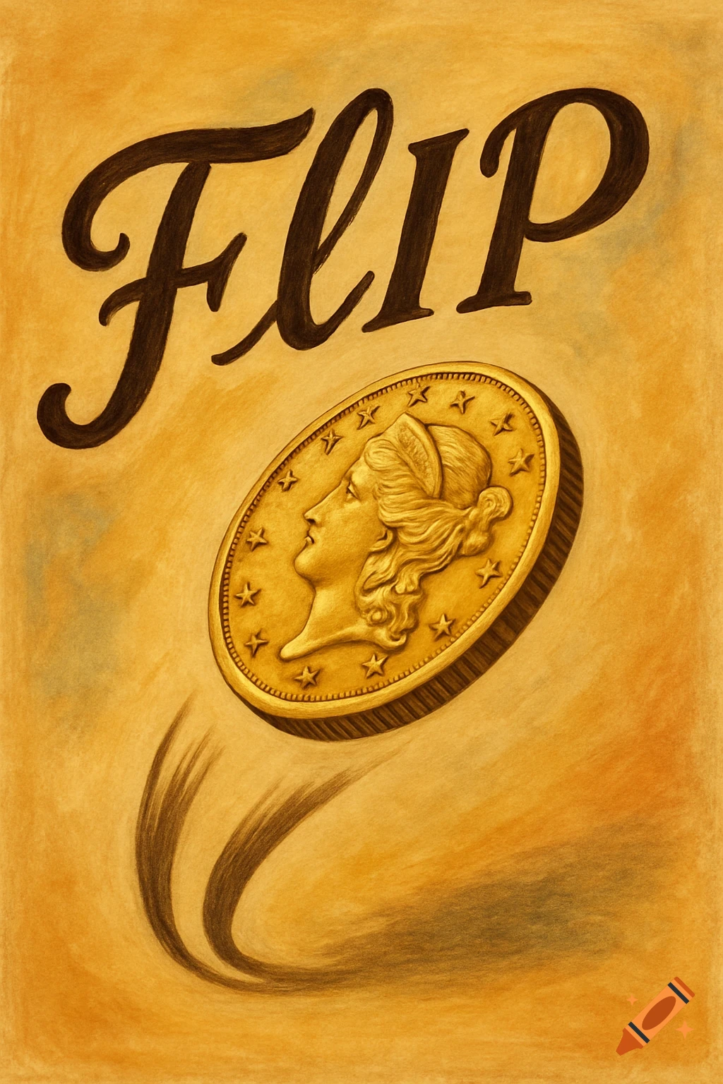 An illustration of a gold coin flipping in the air, with the word FLIP above it.