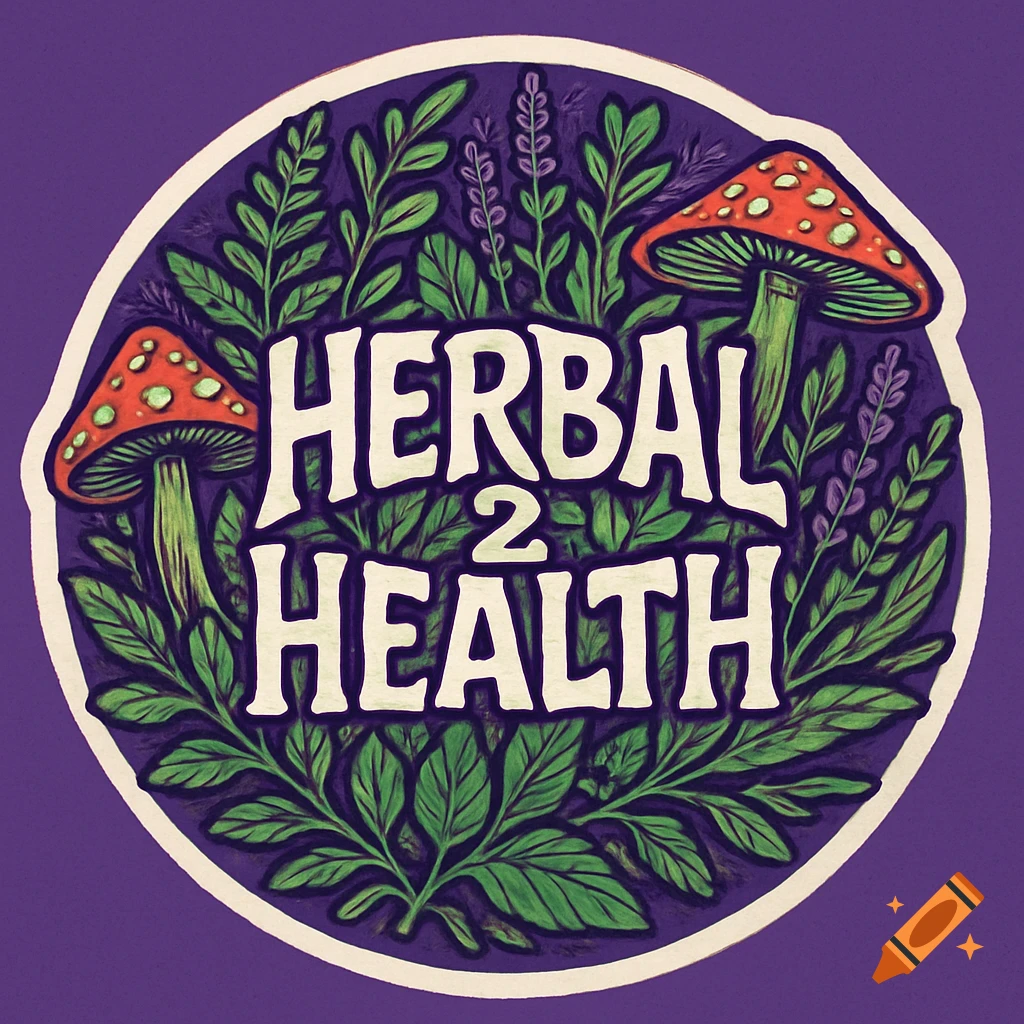 Illustration with 'HERBAL 2 HEALTH' text surrounded by green herbs and red-capped mushrooms in a circle on purple background.