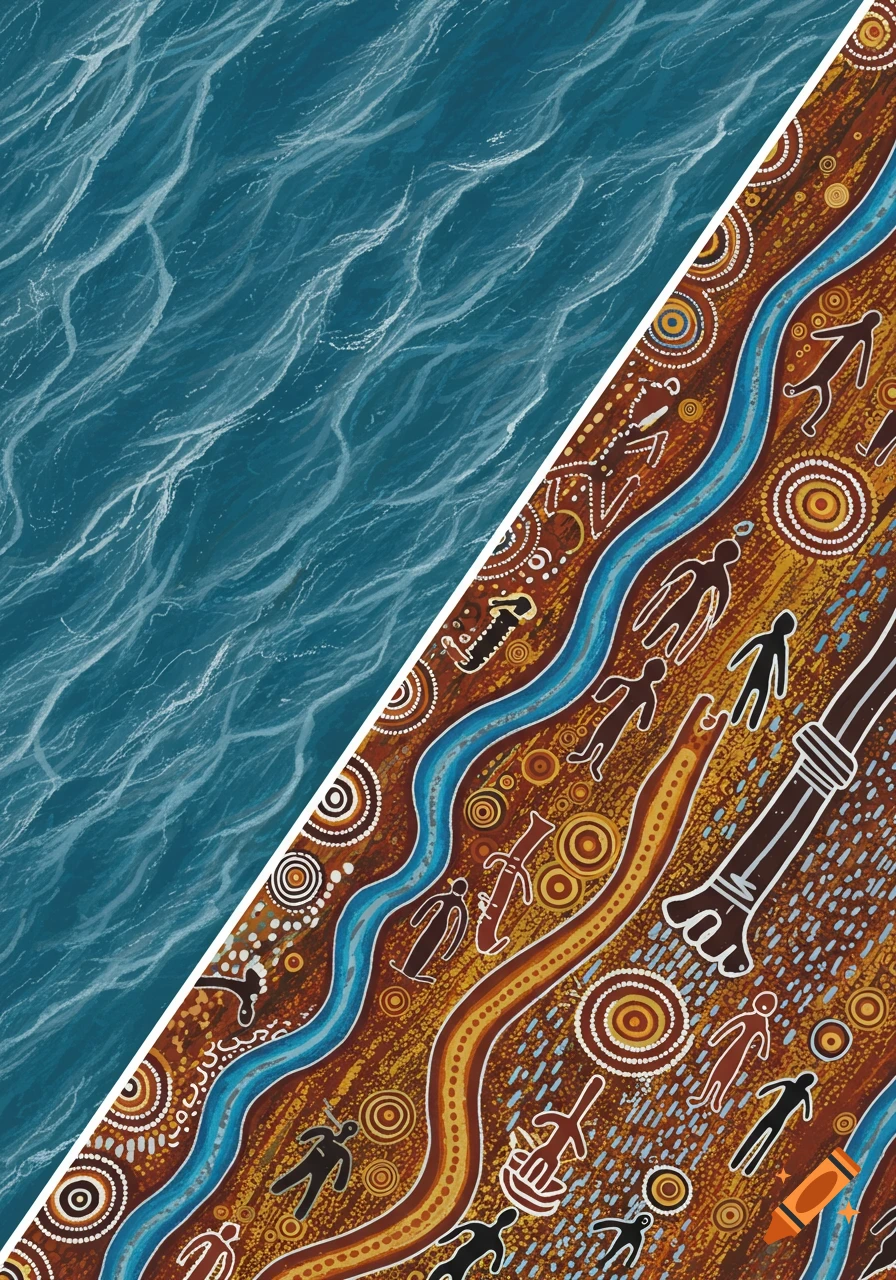 Diagonal split with abstract water waves on one side and indigenous Australian art symbols on the other.