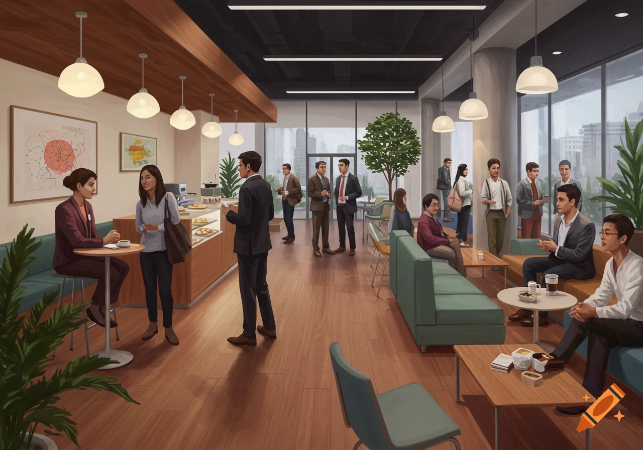 A group of business people gather in a cafe or networking area.