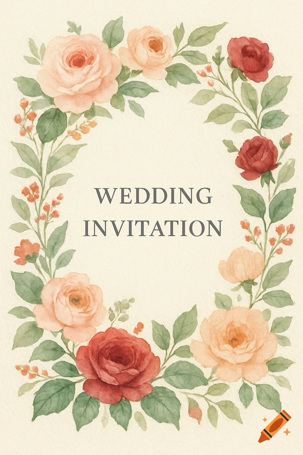 Watercolor wedding invitation with a floral wreath of roses and berries.