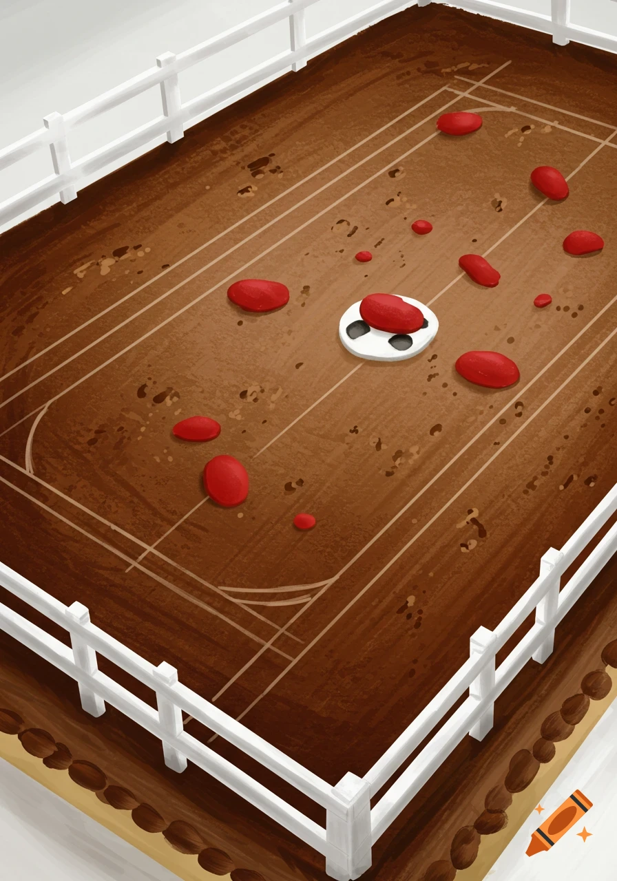 Illustrative top-down view of a dressage arena made of brown cake, fenced in white, scattered with red spots.