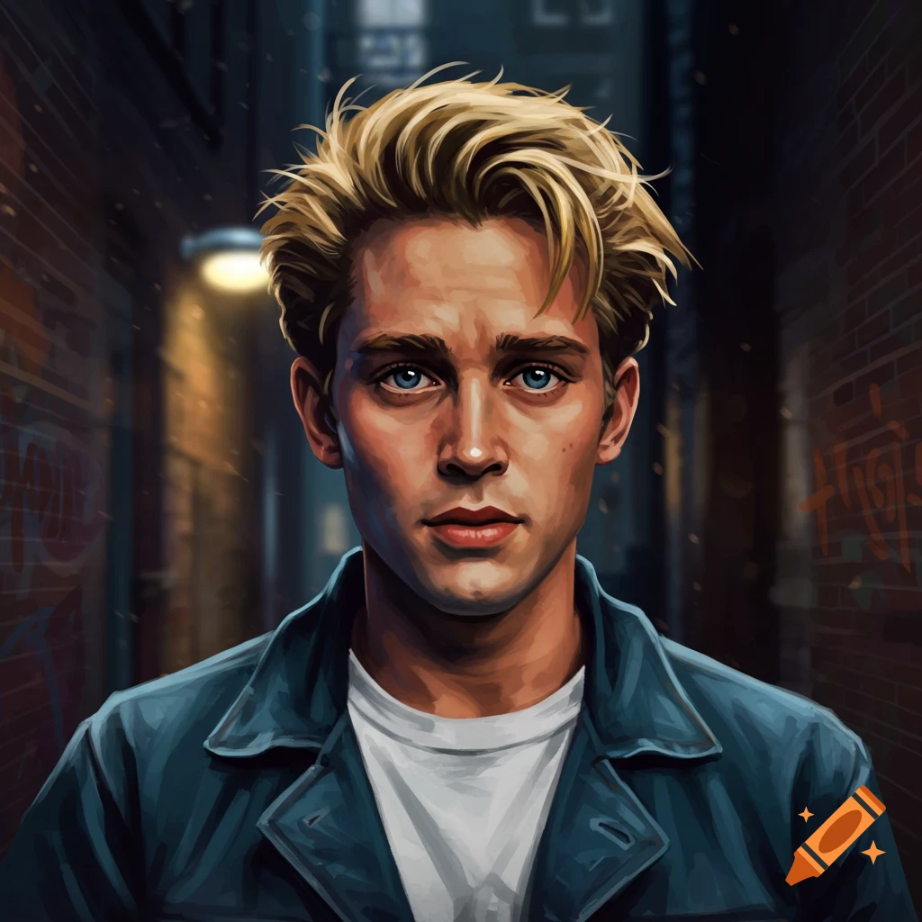 Illustrated portrait of a young man with blonde hair and blue eyes in a ...