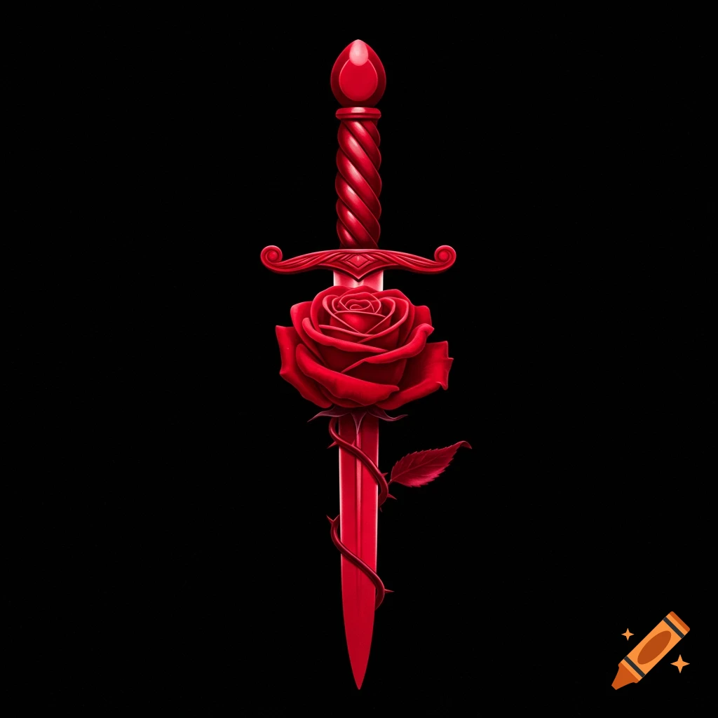 A red sword with a red rose wrapped around it, on a black background.