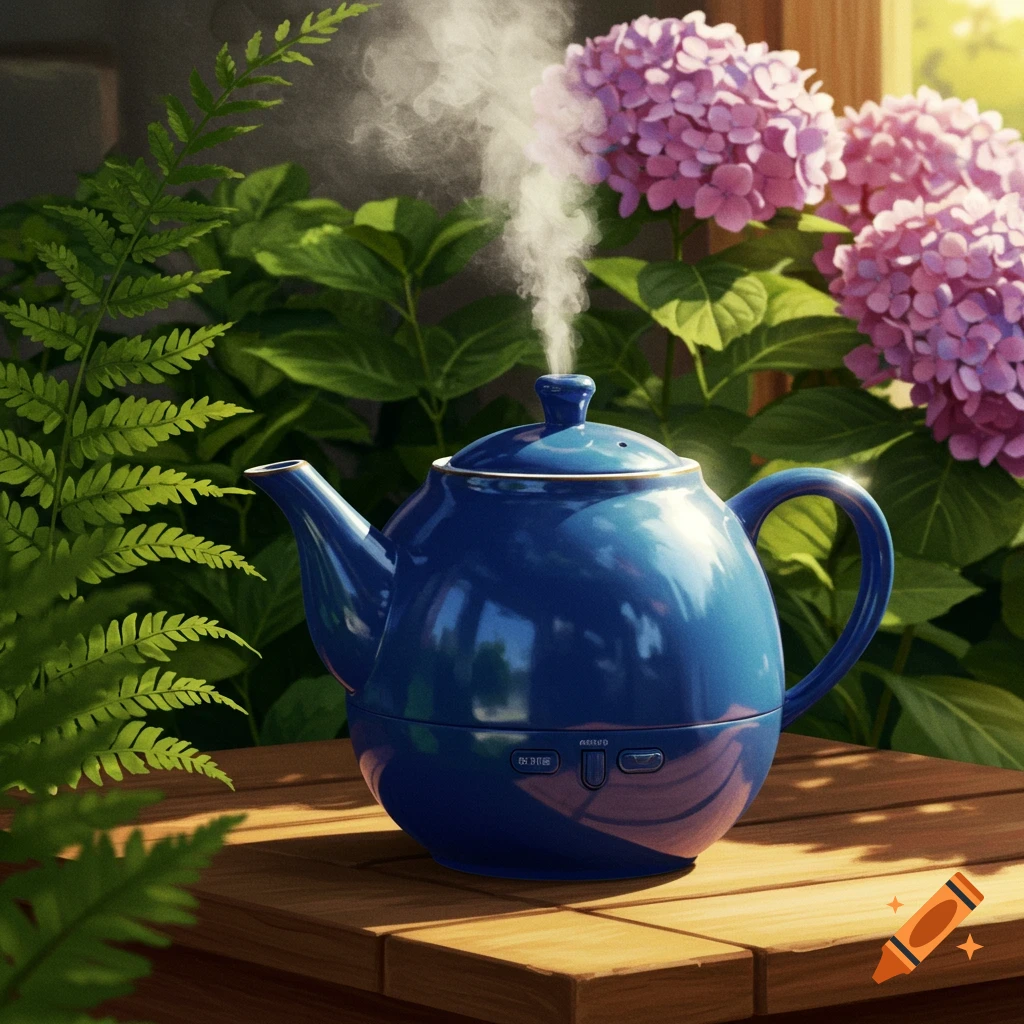 A blue teapot-shaped humidifier steams on a wooden table, with ferns and pink hydrangeas in the background. Realistic painting.