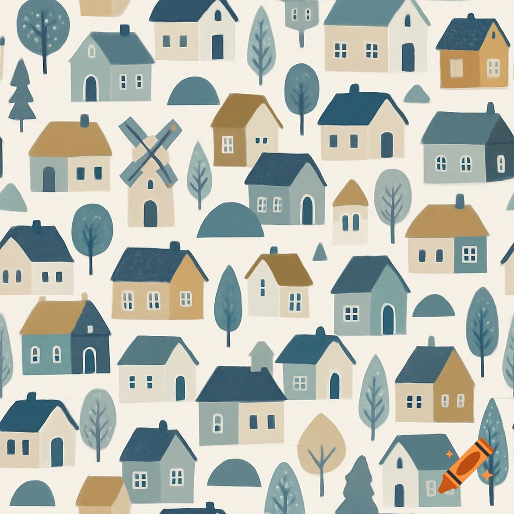 A seamless pattern of simple cartoon houses, trees, and a windmill in a Scandinavian nursery style.