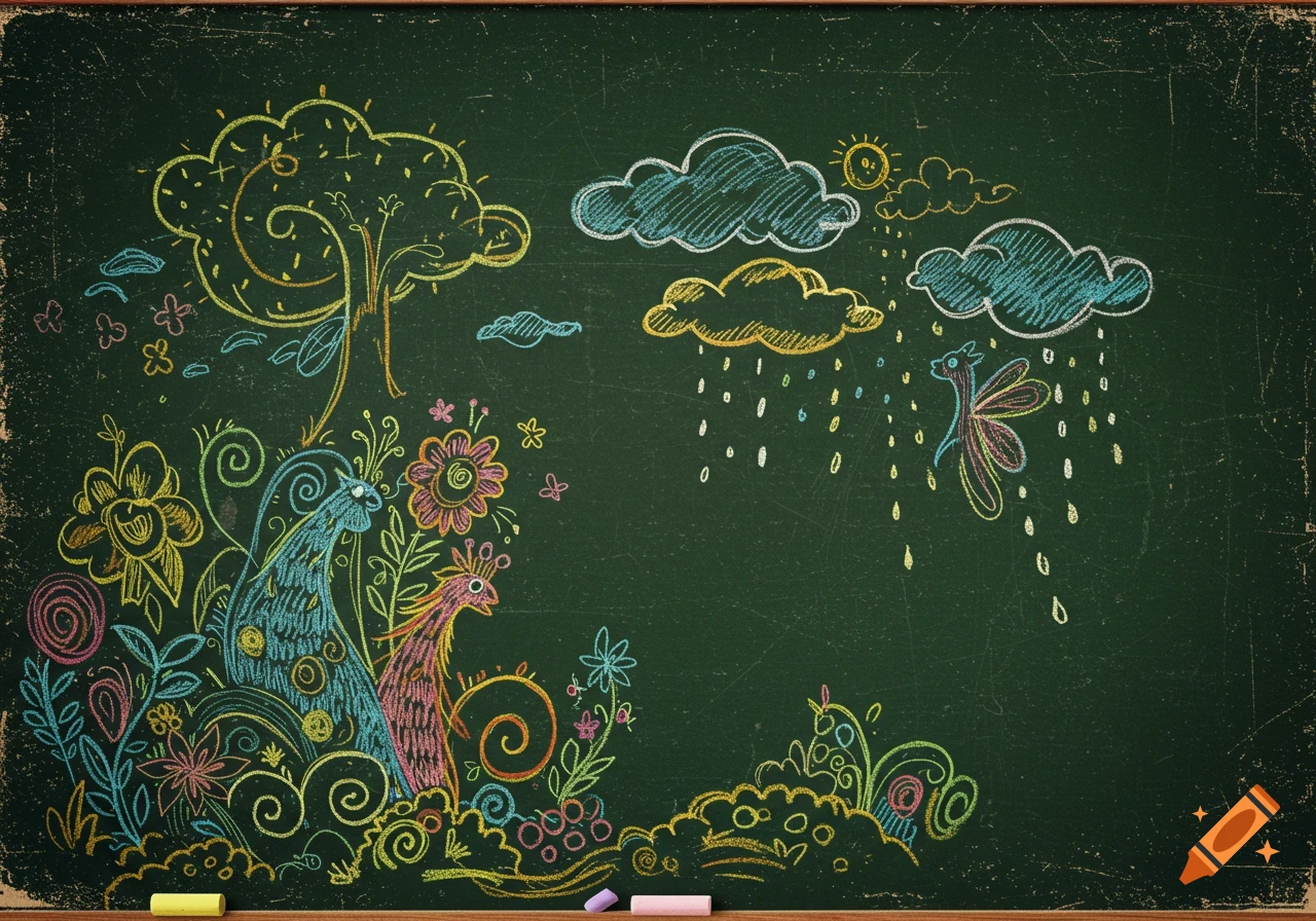 Colorful chalk drawing on a blackboard with fantasy creatures, flowers, tree, and clouds