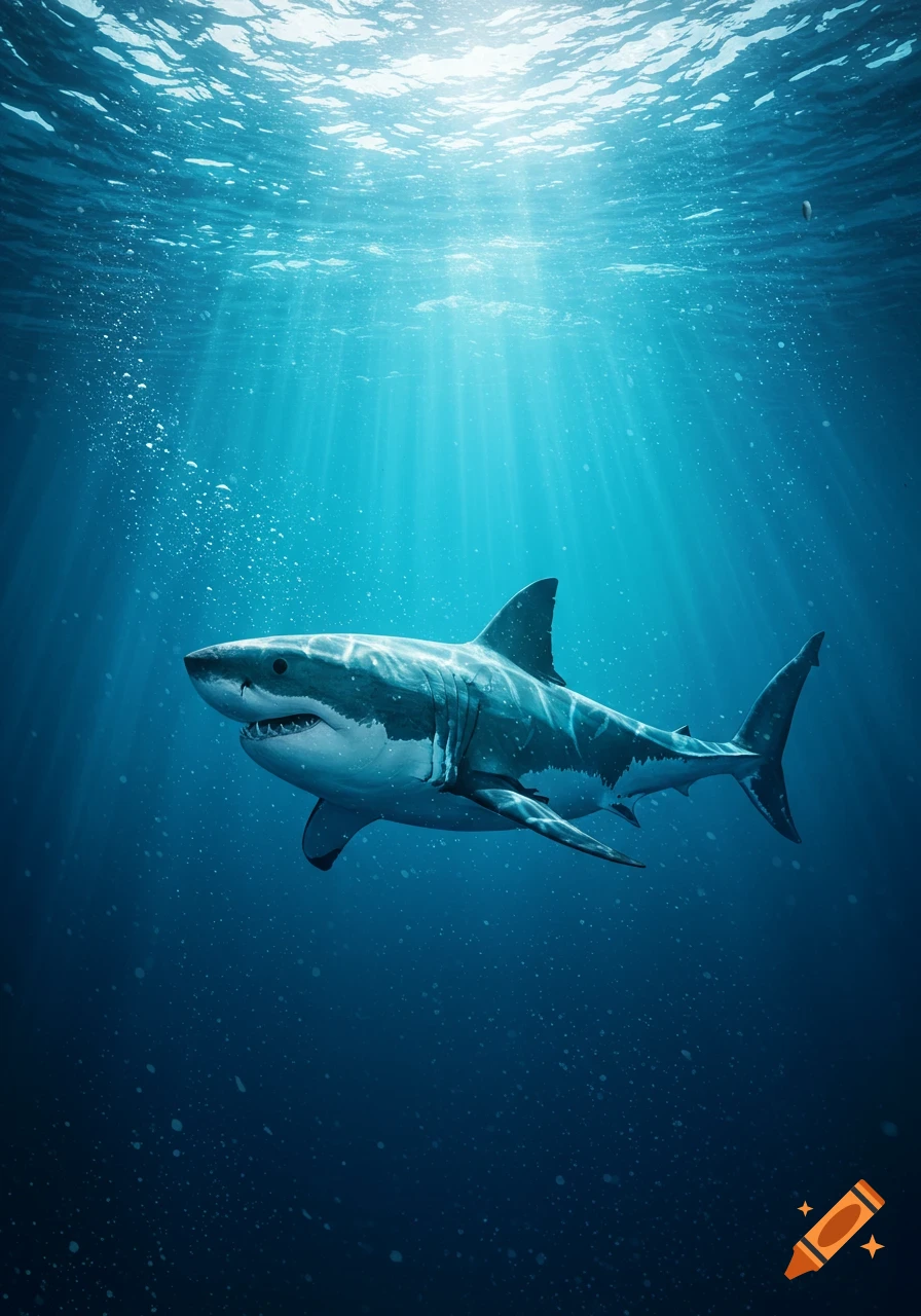 A great white shark swims underwater with sun rays shining through the surface. Photorealistic style.