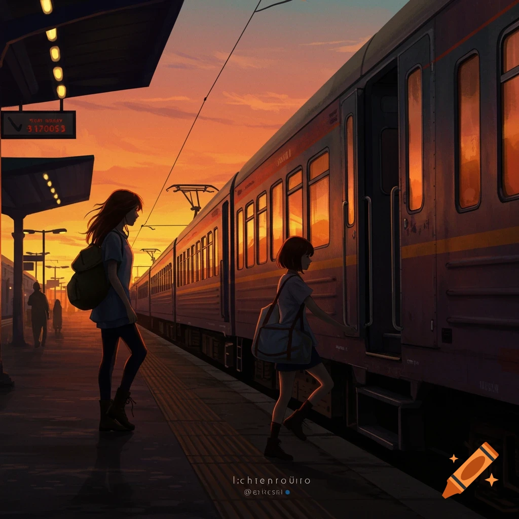 Anime illustration of two figures boarding a train at sunset