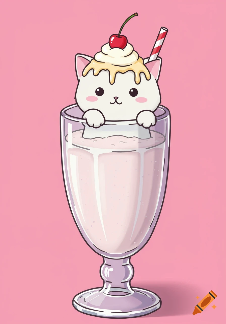 Cartoon white kitten in a milkshake glass with cream and cherry on its head
