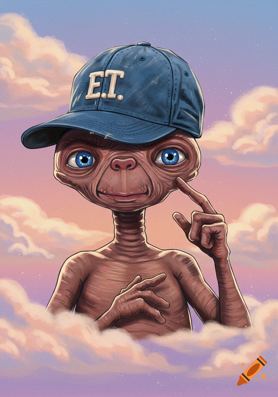 E.T. wearing a blue baseball cap with 'E.T.' written on it, emerging from clouds. Digital art.