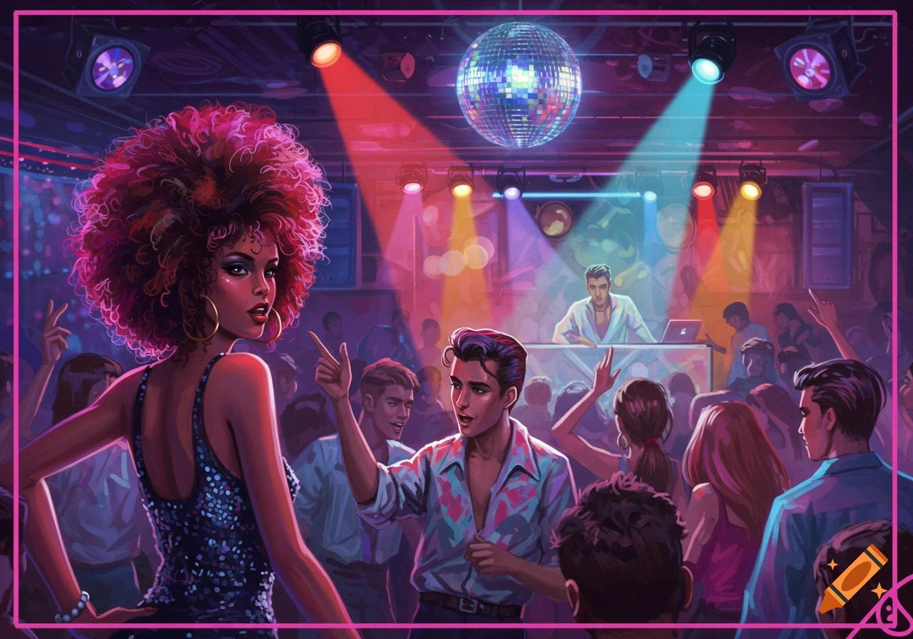 Illustration of a vibrant disco club with people dancing under a disco ball and lights.
