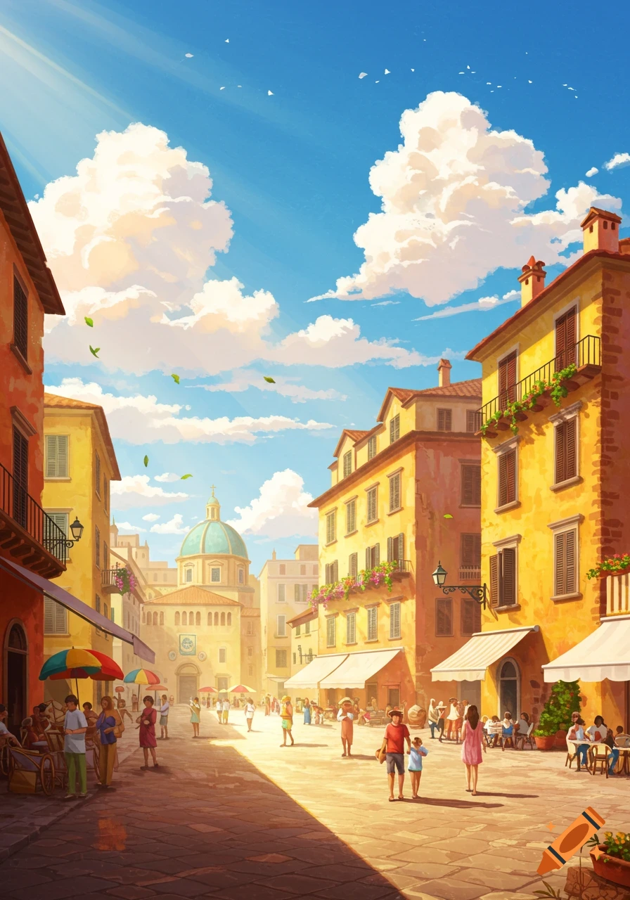 Sunny illustration of a bustling European town square with colorful buildings, a church dome, and people walking.