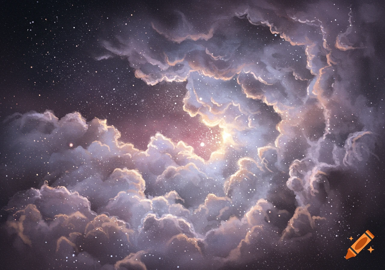 Stylized clouds glowing with light among stars in a dark sky