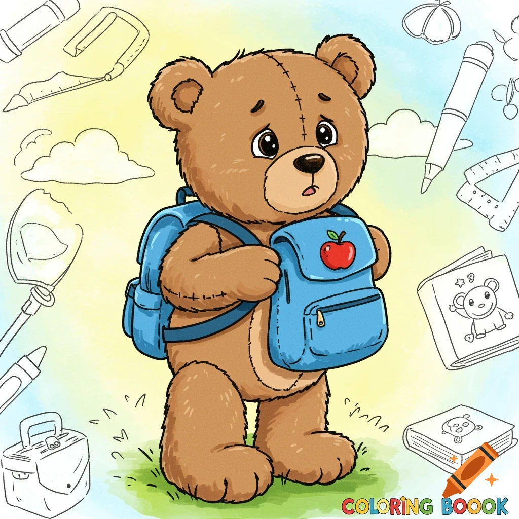 Coloring book illustration of a nervous teddy bear with a blue backpack, surrounded by school supplies sketches.