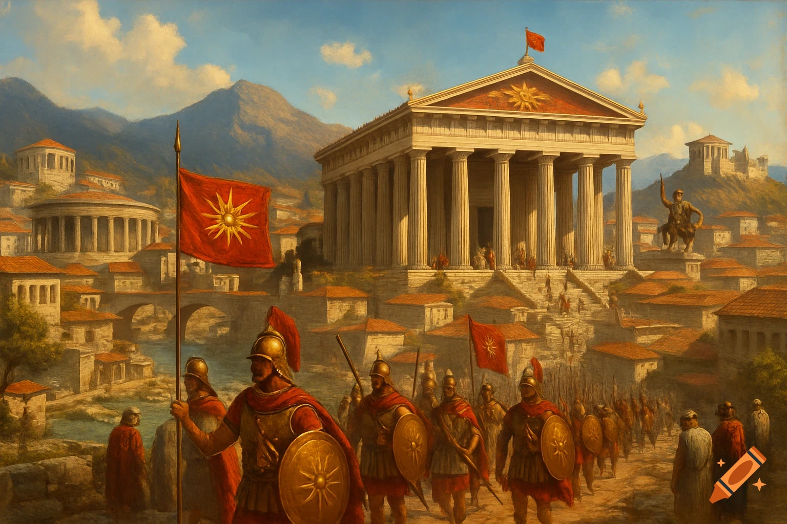 Roman soldiers march through an ancient city towards a temple
