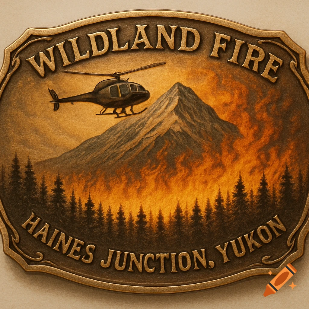 Brass belt buckle with a scene of a helicopter battling a wildland fire over a mountain and forest, with text.